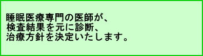 睡眠医療専門の医師が、検査結果を元に診断、治療方針を決定します。